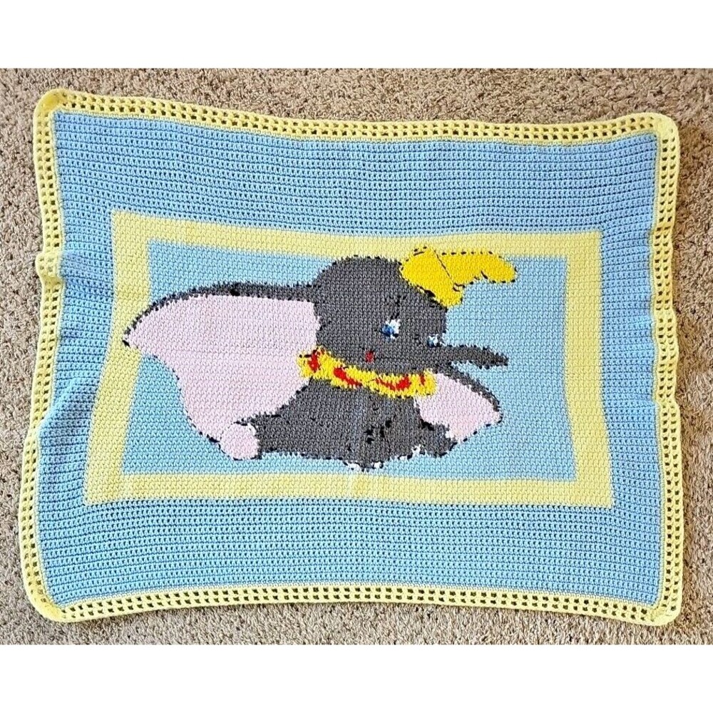 Dumbo Baby Blanket Handknit Crochet Blue Yellow Soft Knit Elephant Nursery Decor - Picture 10 of 13